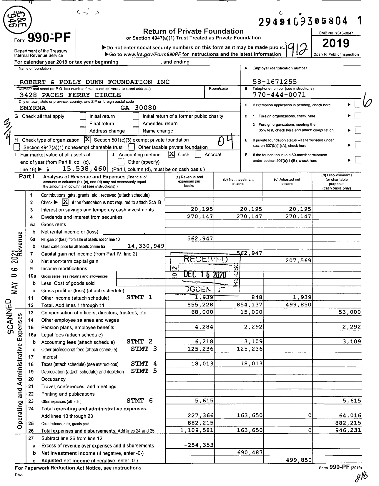 Image of first page of 2019 Form 990PF for Robert and Polly Dunn Foundation