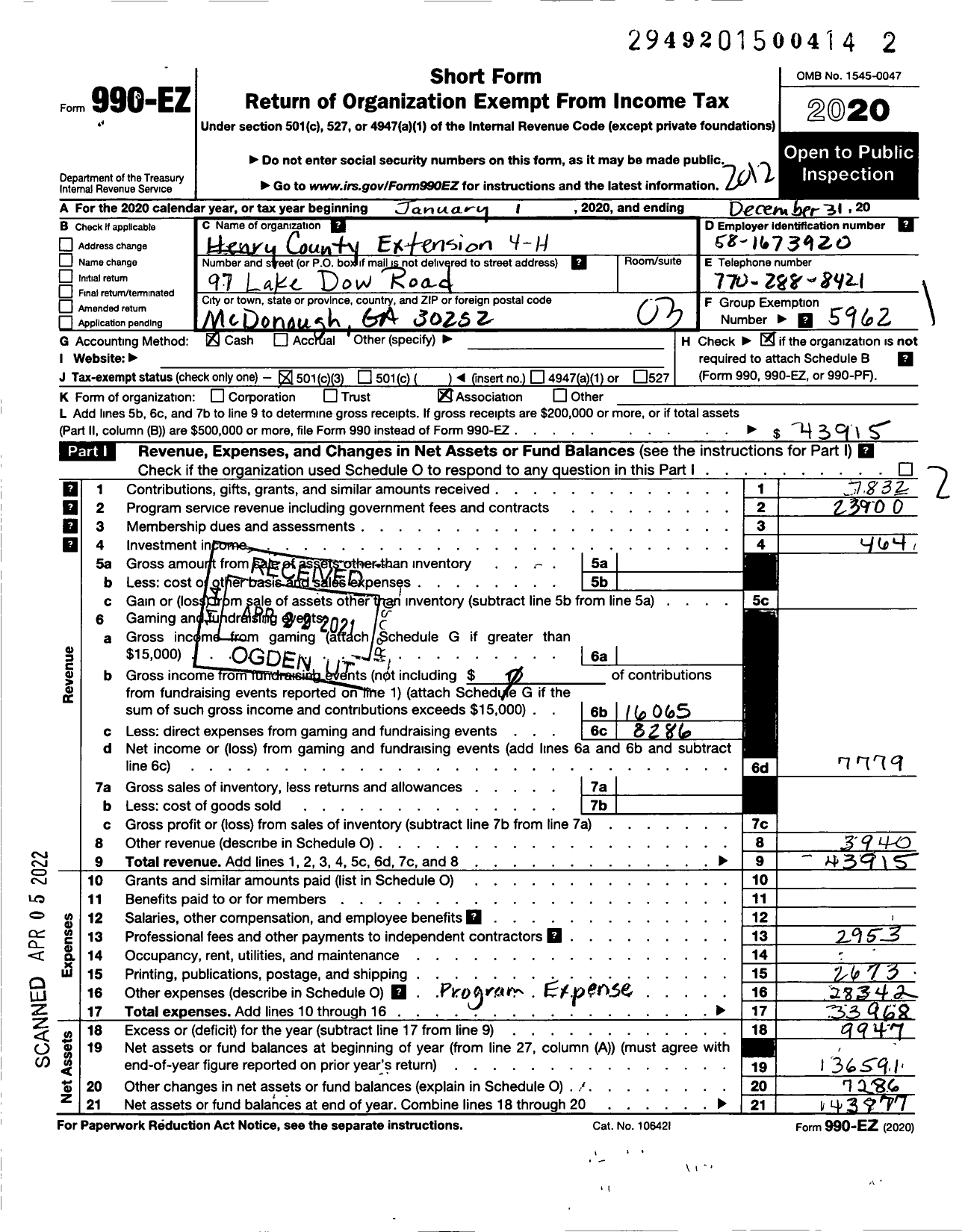 Image of first page of 2020 Form 990EZ for Georgia Extension 4-H Foundation / Henry County Extension 4-H