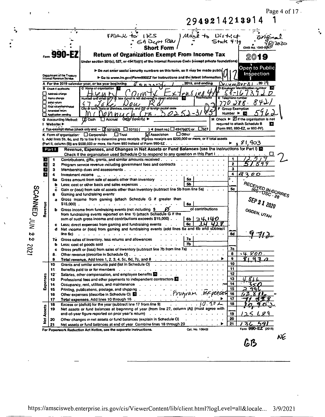 Image of first page of 2019 Form 990EZ for Georgia Extension 4-H Foundation / Henry County Extension 4-H