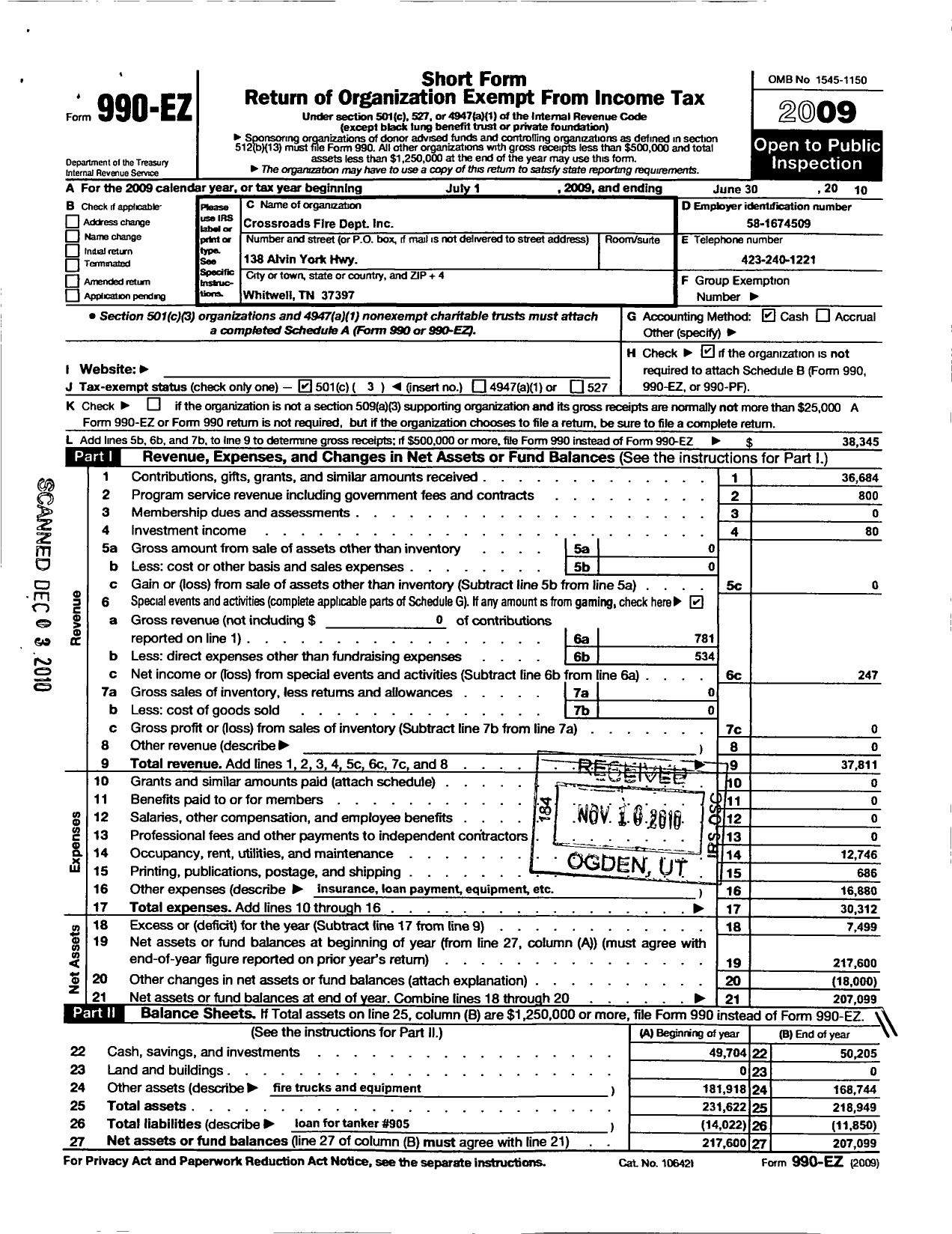 Image of first page of 2009 Form 990EZ for Crossroads Fire Department