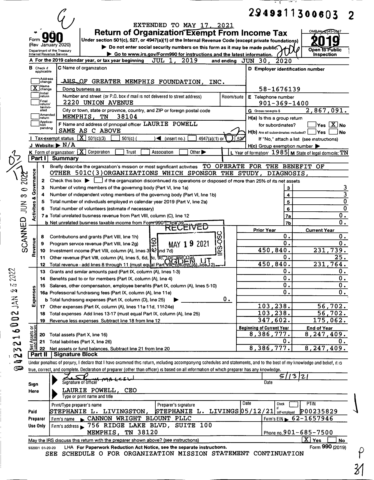 Image of first page of 2019 Form 990 for Ahs of Greater Memphis Foundation