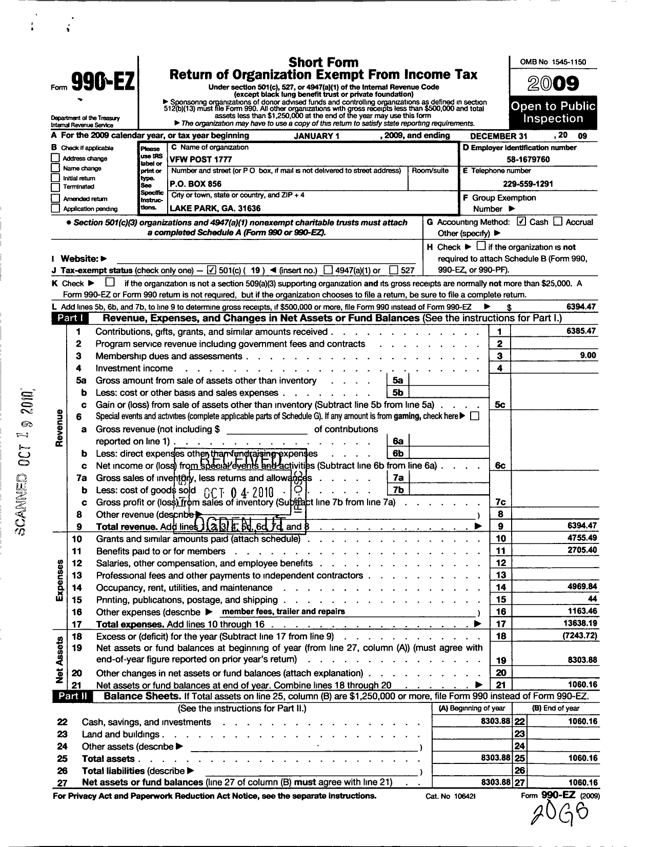 Image of first page of 2009 Form 990EO for Veterans of Foreign Wars of the United States Dept of Georgia - 1777