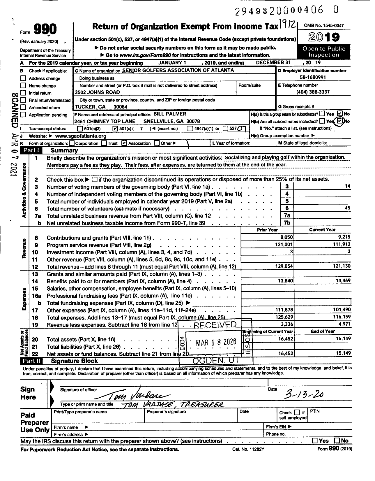 Image of first page of 2019 Form 990O for Senior Golfers Association of Atlanta Georgia