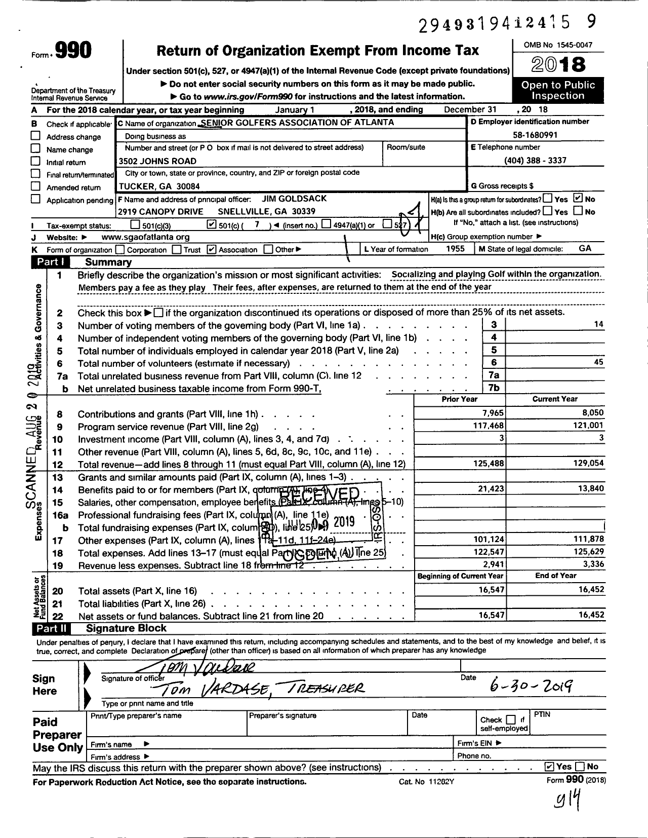 Image of first page of 2018 Form 990O for Senior Golfers Association of Atlanta Georgia