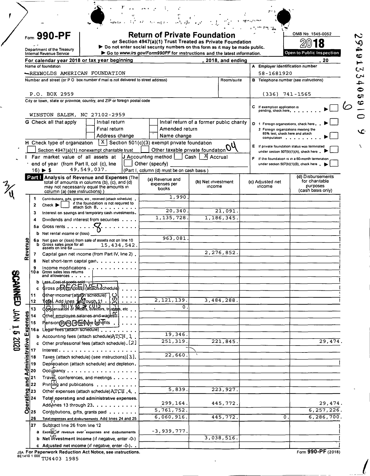 Image of first page of 2018 Form 990PF for Reynolds American Foundation