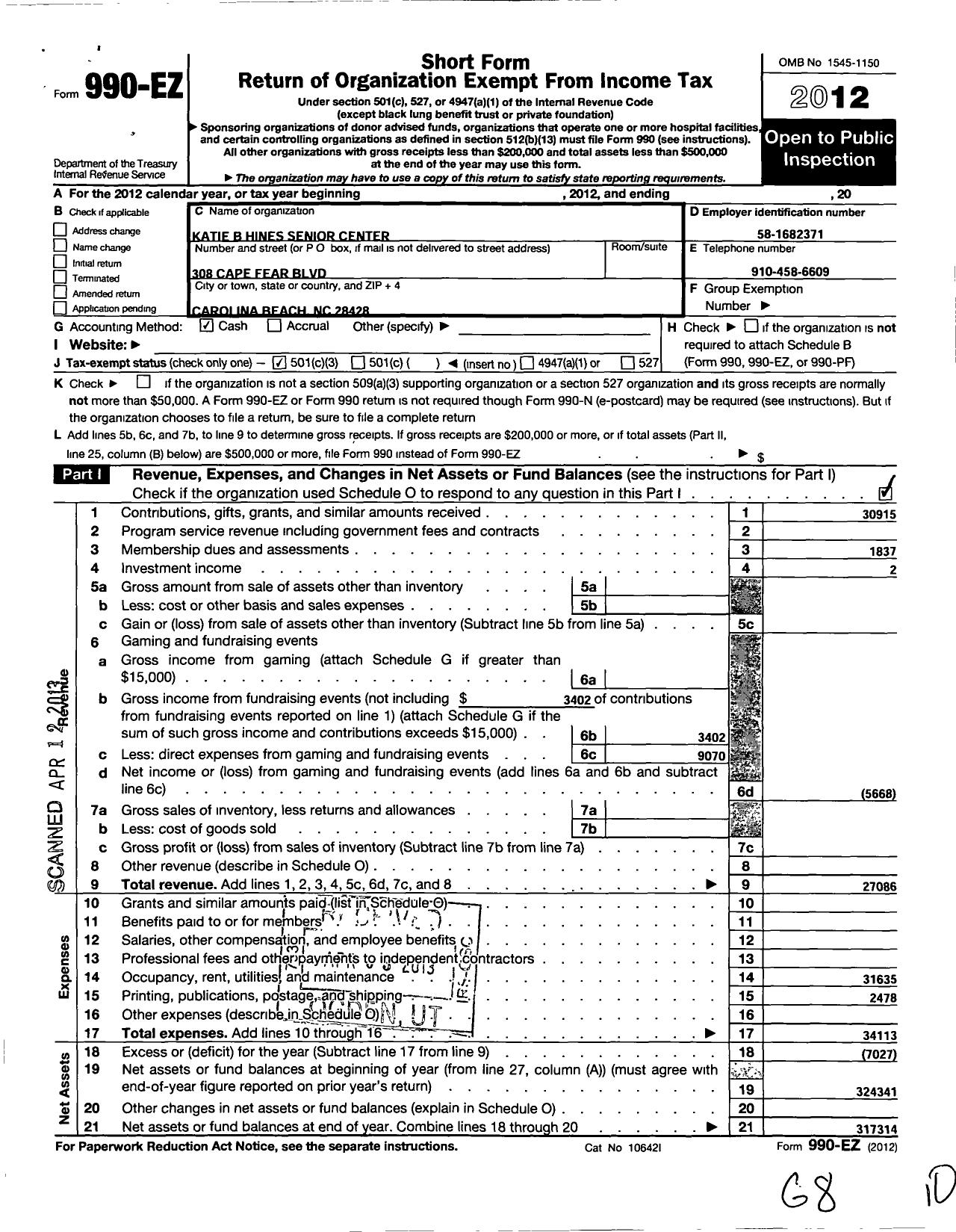 Image of first page of 2012 Form 990EZ for Katie B Hines Senior Center