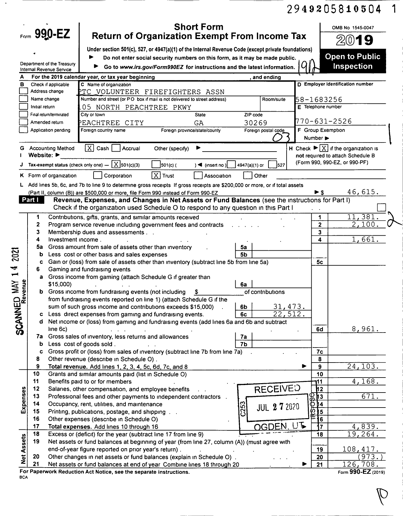 Image of first page of 2019 Form 990EZ for Peachtree City Firefighters Foundation