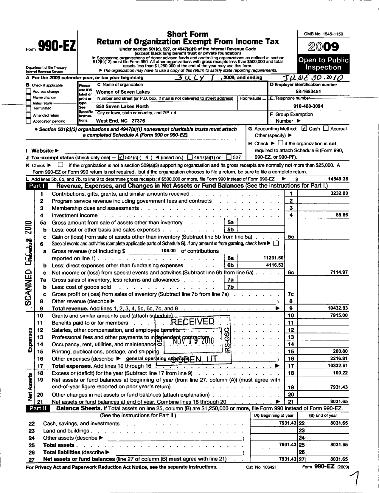 Image of first page of 2009 Form 990EO for Women of Seven Lakes