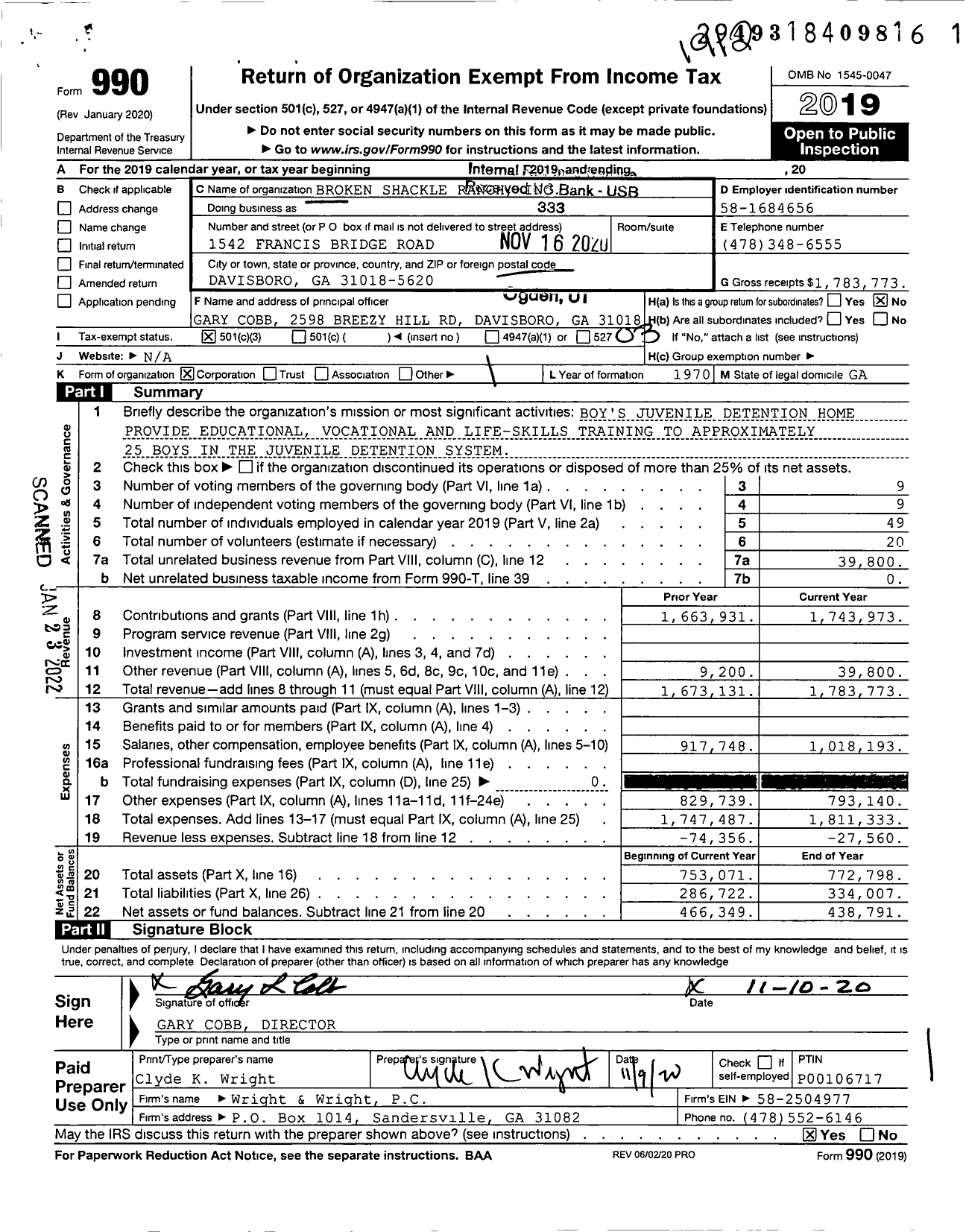 Image of first page of 2019 Form 990 for Broken Shackle Ranch