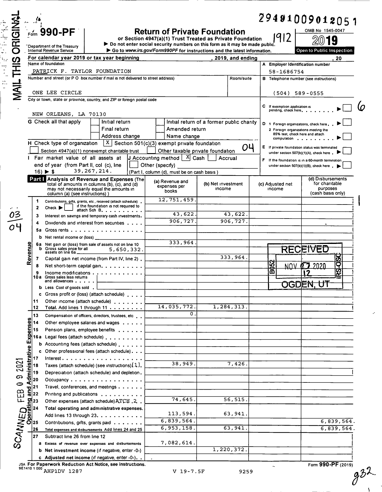 Image of first page of 2019 Form 990PF for Patrick F Taylor Foundation