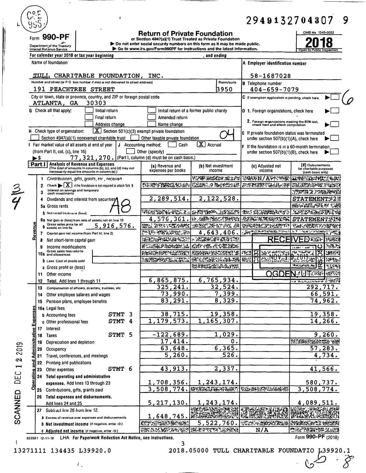 Image of first page of 2018 Form 990PF for Tull Charitable Foundation