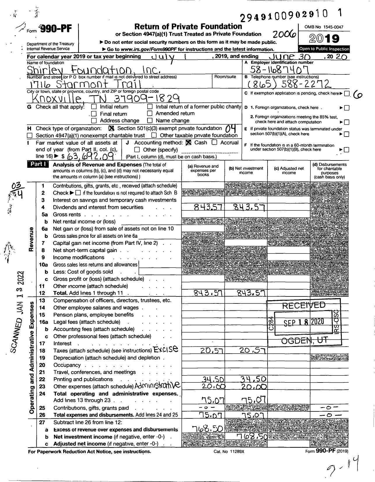 Image of first page of 2019 Form 990PF for Shirley Foundation