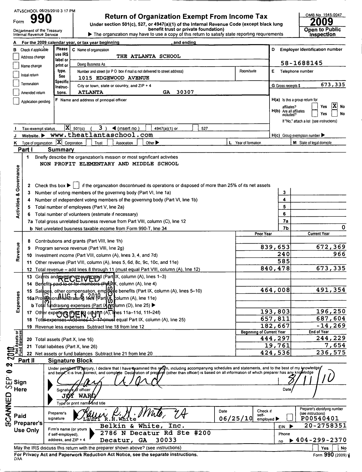 Image of first page of 2009 Form 990 for The Atlanta School