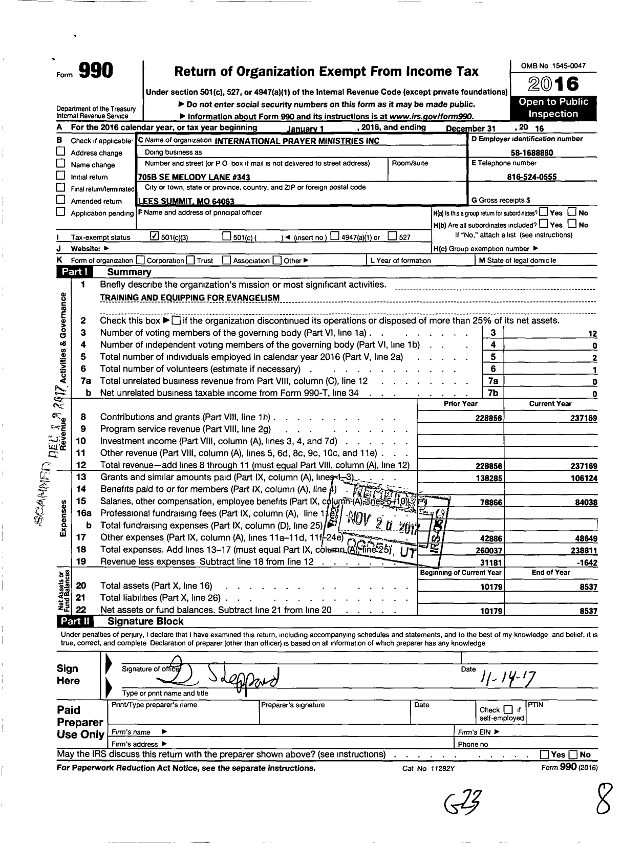 Image of first page of 2016 Form 990 for International Prayer Ministries