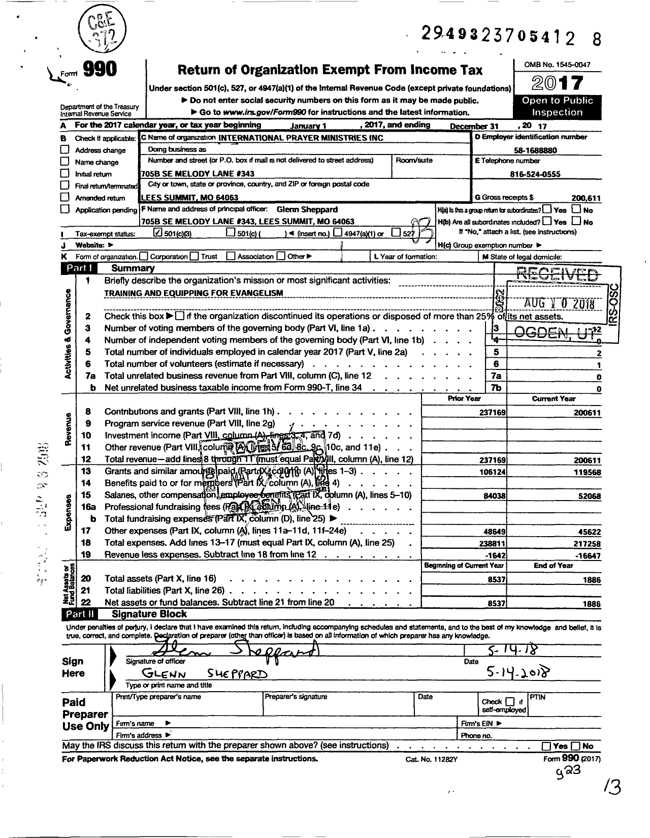 Image of first page of 2017 Form 990 for International Prayer Ministries