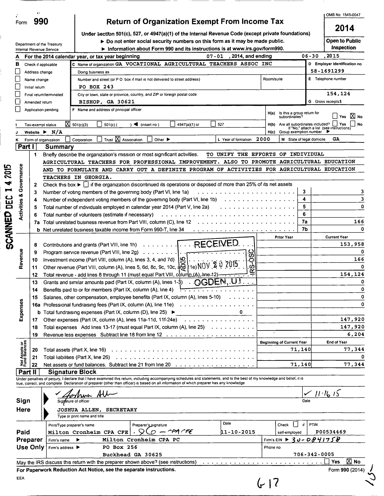Image of first page of 2014 Form 990 for Georgia Vocational Agricultural Teachers Association