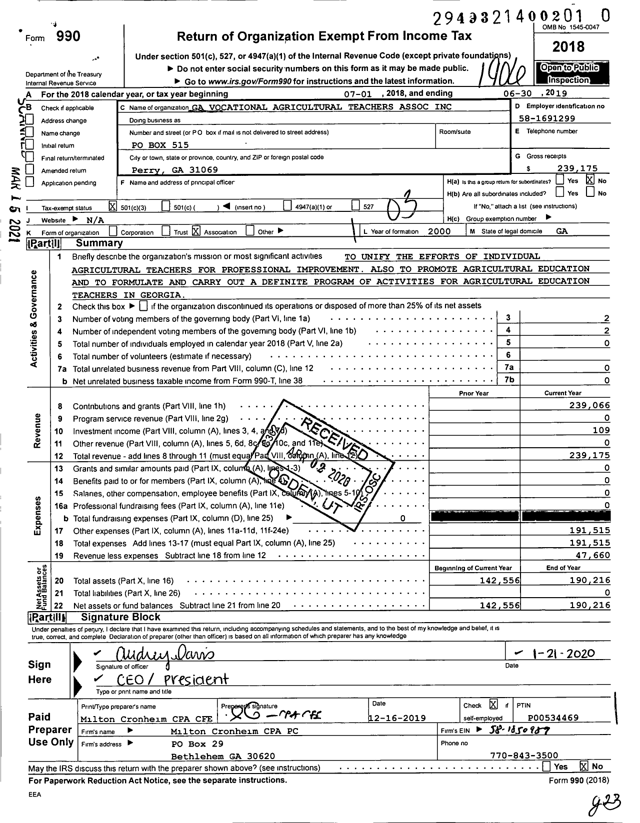 Image of first page of 2018 Form 990 for Georgia Vocational Agricultural Teachers Association