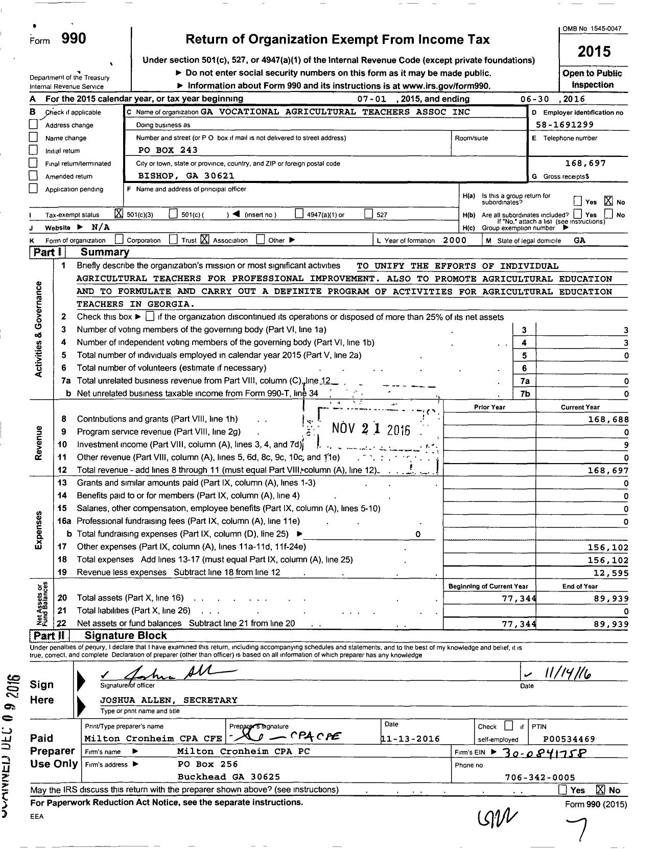 Image of first page of 2015 Form 990 for Georgia Vocational Agricultural Teachers Association