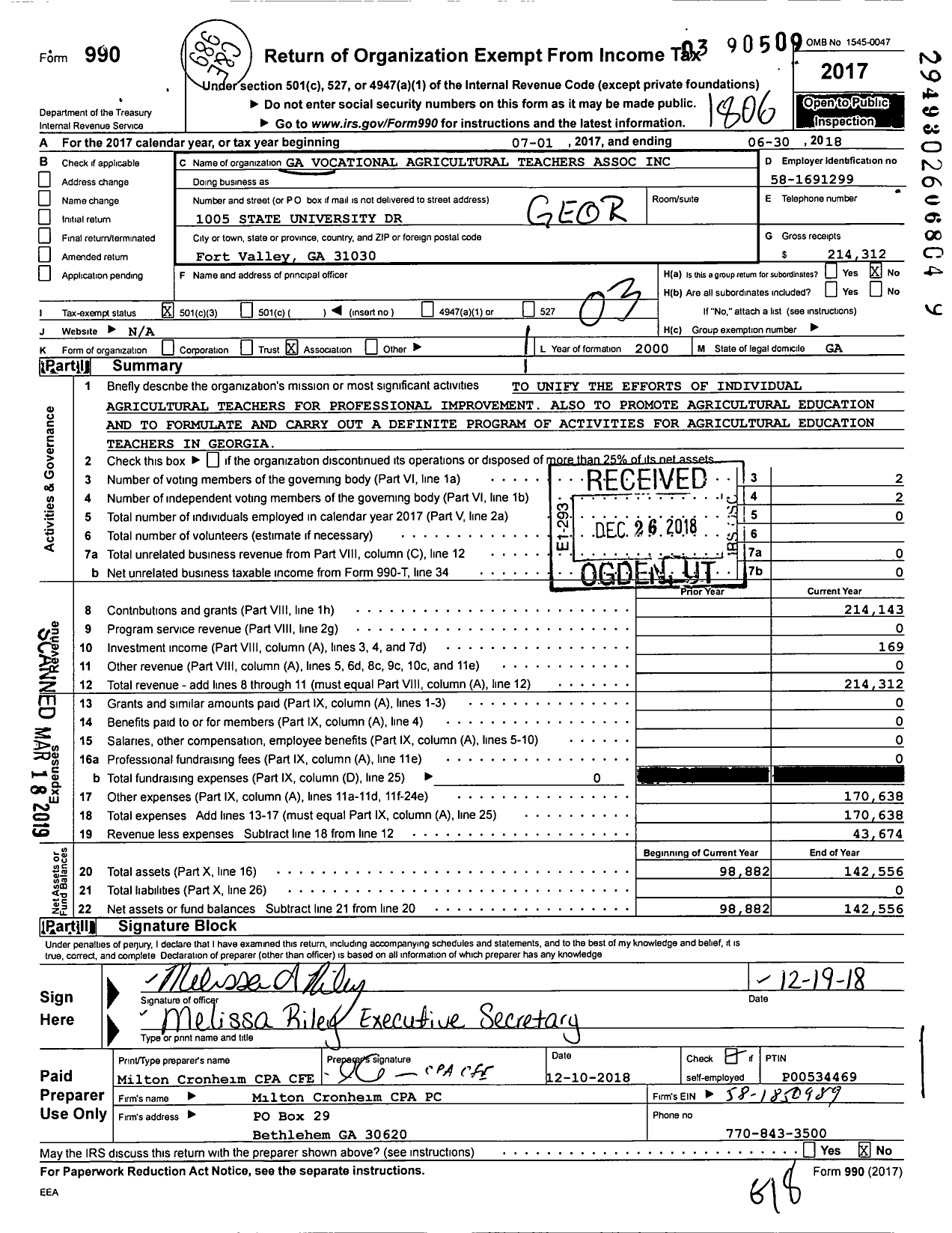 Image of first page of 2017 Form 990 for Georgia Vocational Agricultural Teachers Association