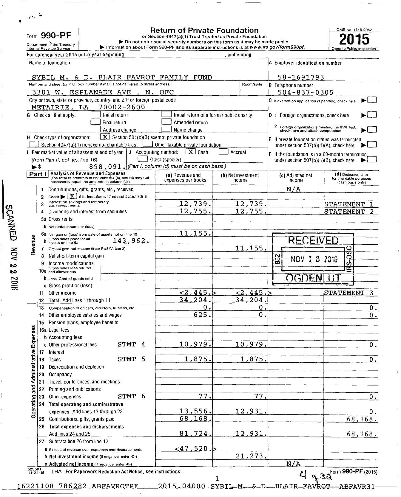 Image of first page of 2015 Form 990PF for Sybil M & D Blair Favrot Family Fund