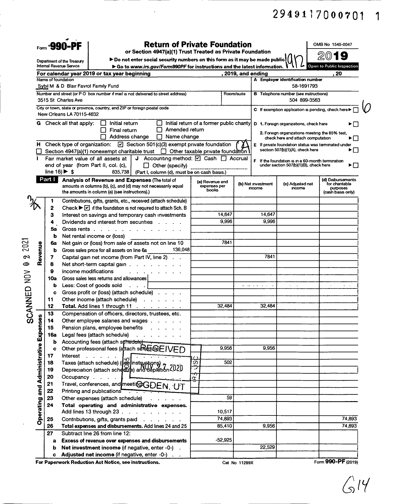 Image of first page of 2019 Form 990PF for Sybil M & D Blair Favrot Family Fund