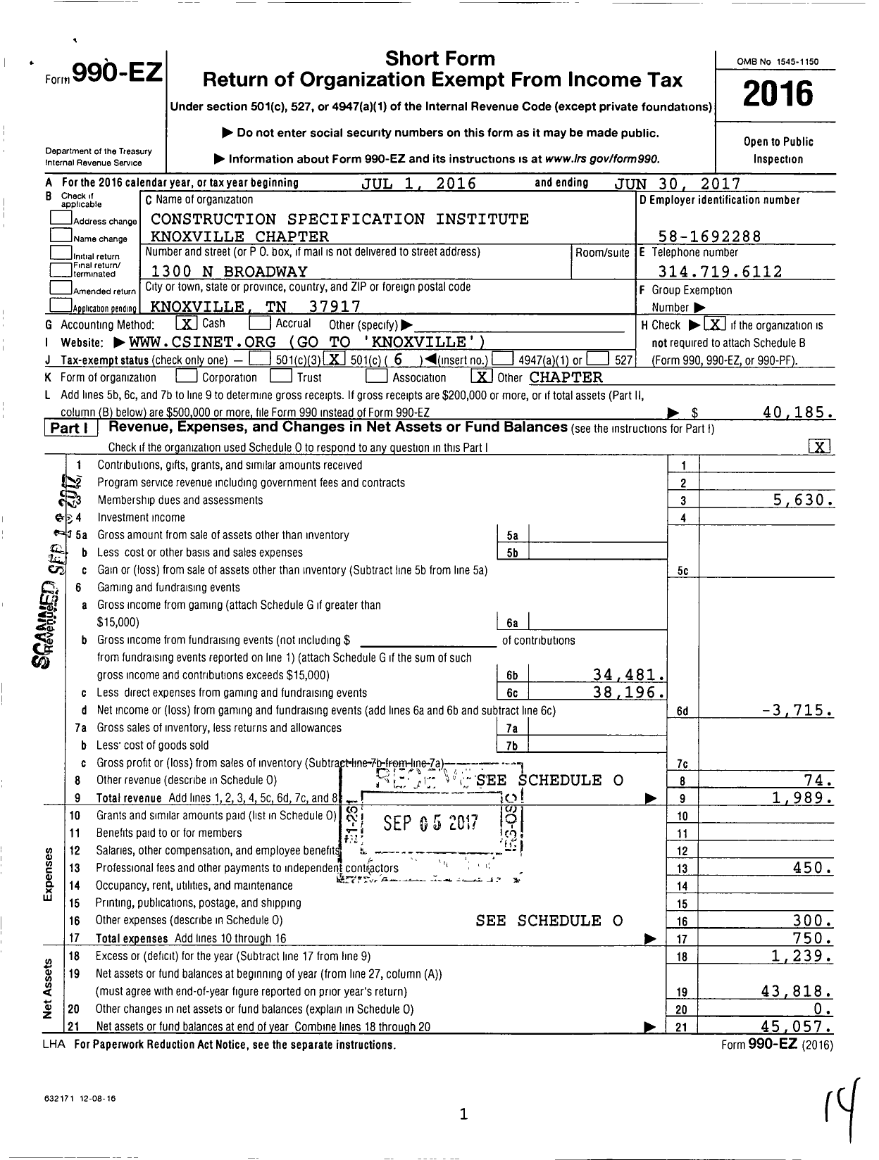 Image of first page of 2016 Form 990EO for Construction Specification Institute Knoxville Chapter