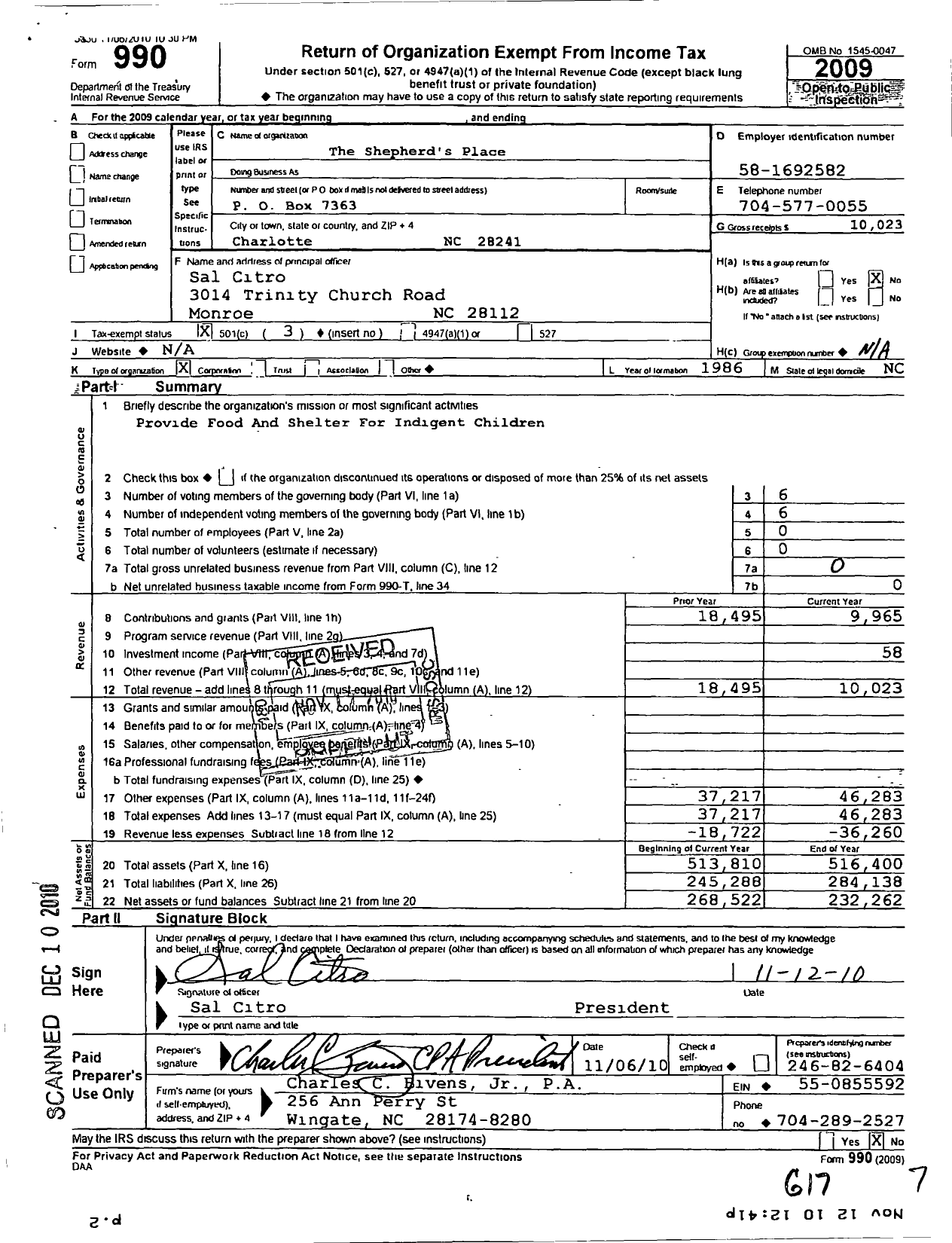 Image of first page of 2009 Form 990 for The Shepherds Place