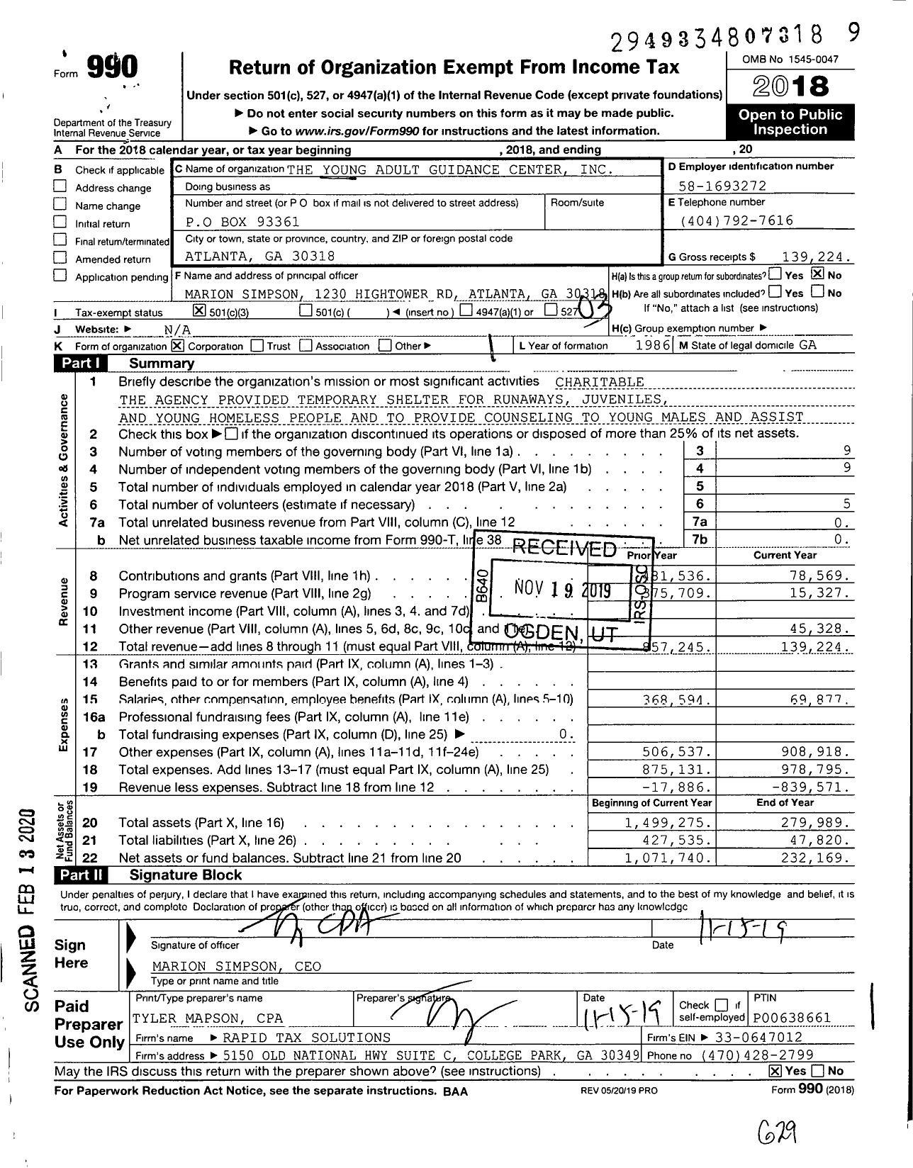 Image of first page of 2018 Form 990 for The Young Adult Guidance Center