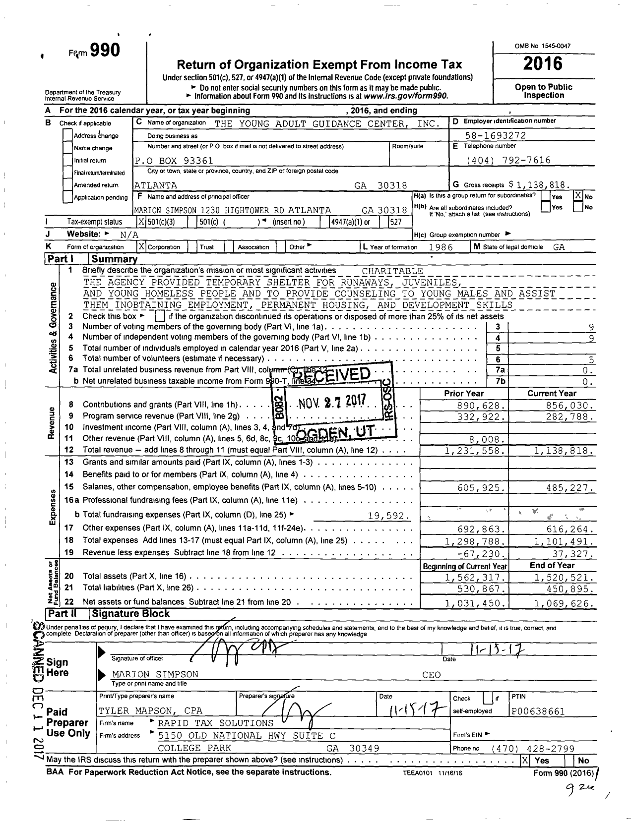 Image of first page of 2016 Form 990 for The Young Adult Guidance Center