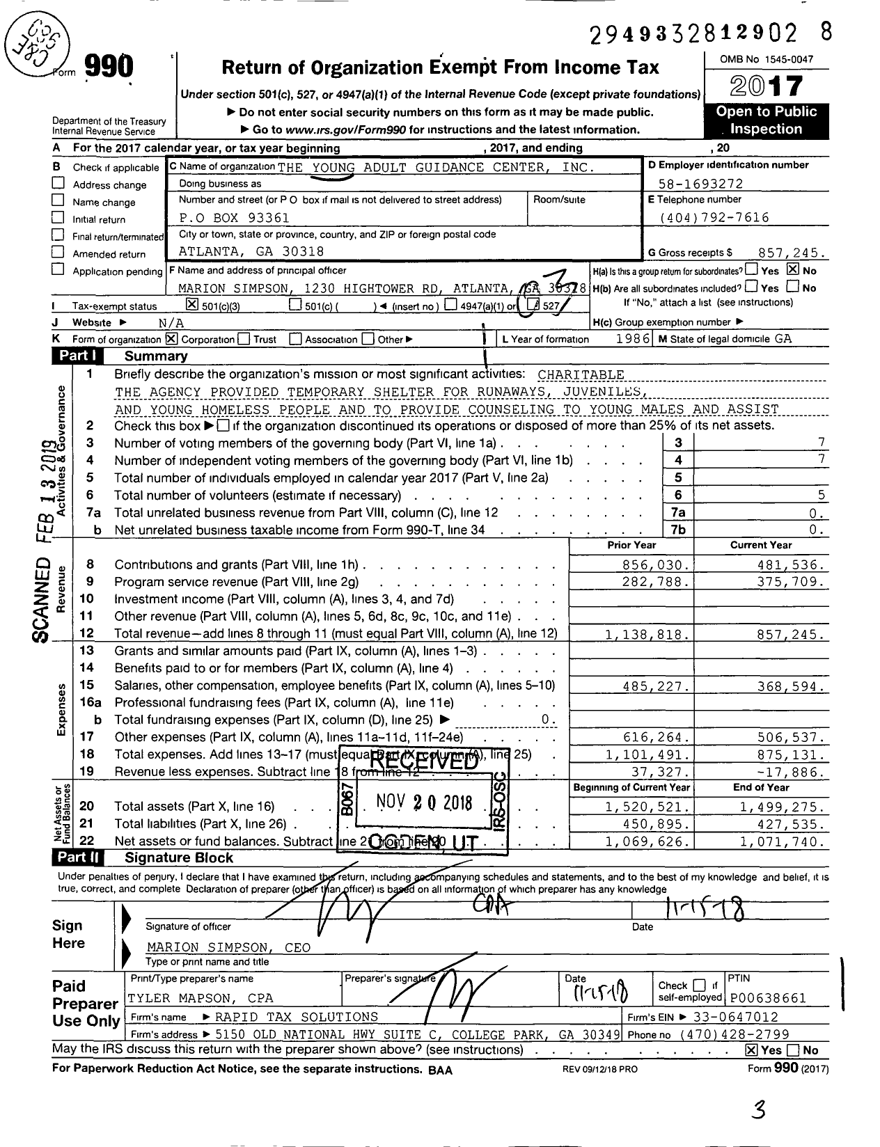 Image of first page of 2017 Form 990 for The Young Adult Guidance Center