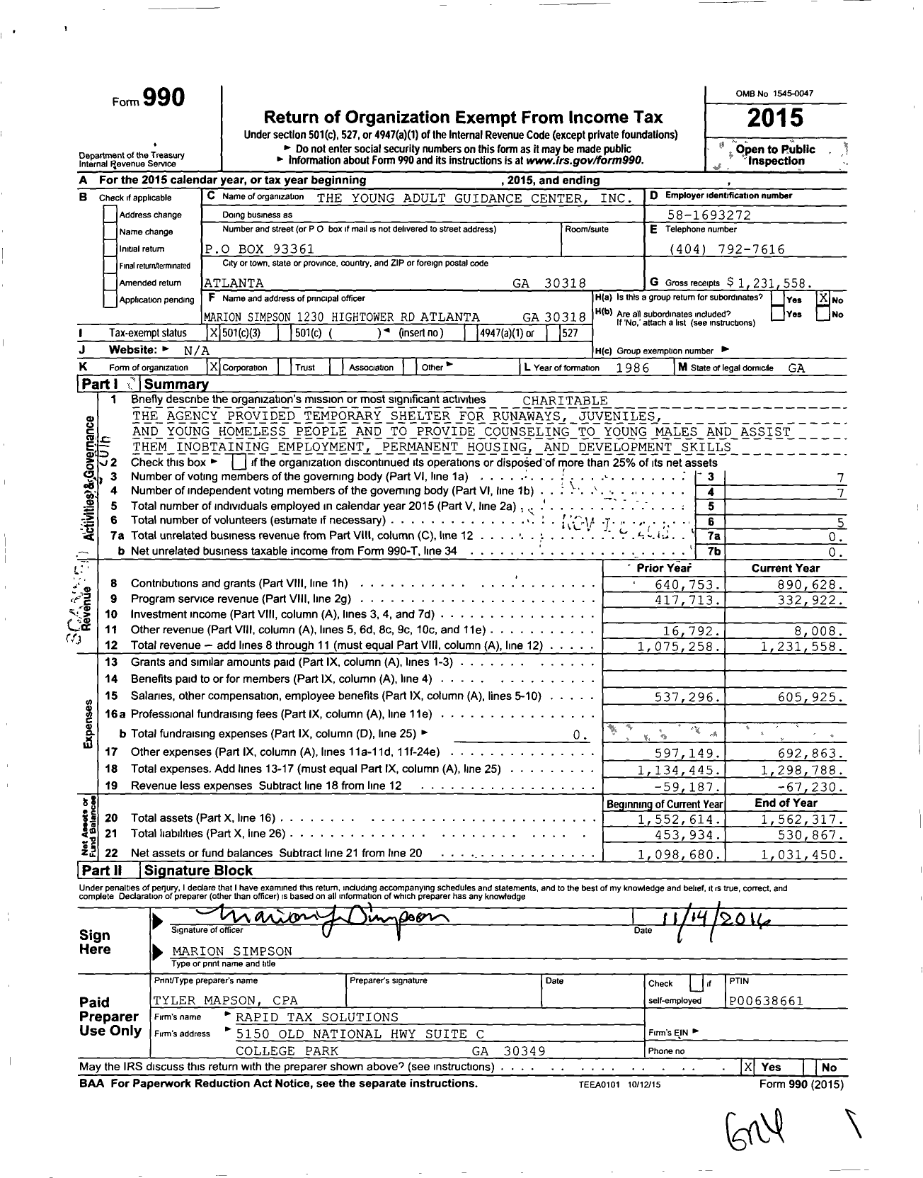 Image of first page of 2015 Form 990 for The Young Adult Guidance Center