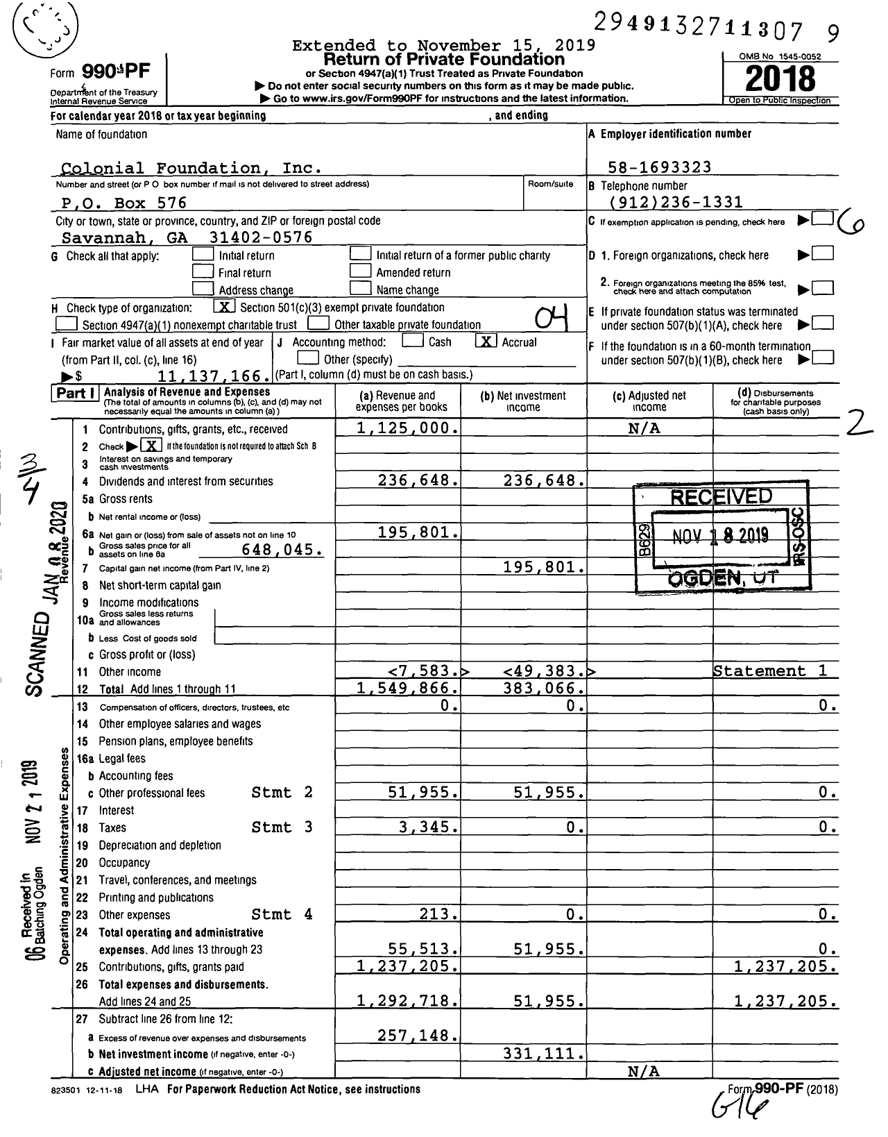 Image of first page of 2018 Form 990PF for Colonial Foundation