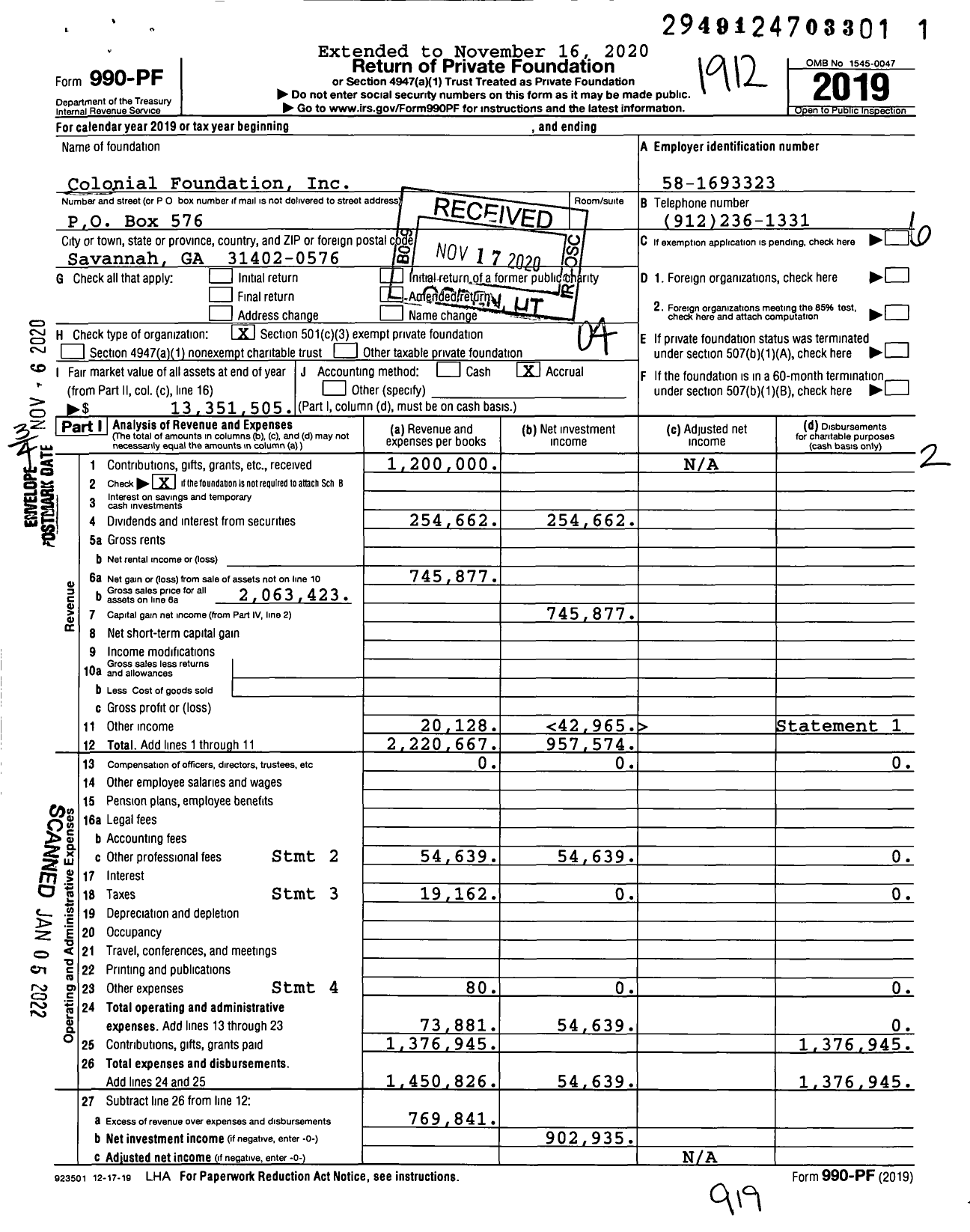 Image of first page of 2019 Form 990PF for Colonial Foundation