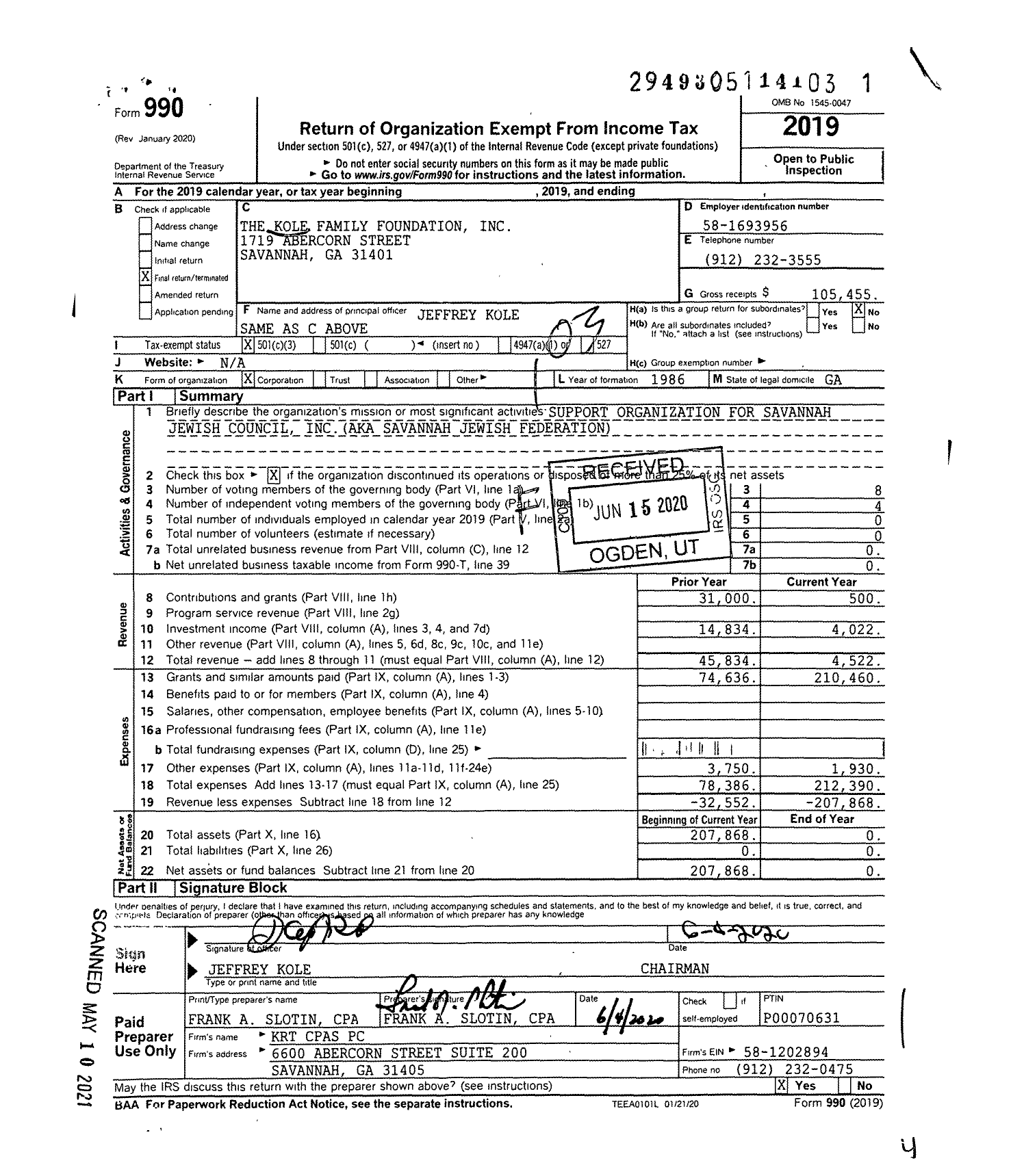 Image of first page of 2019 Form 990 for The Kole Family Foundation