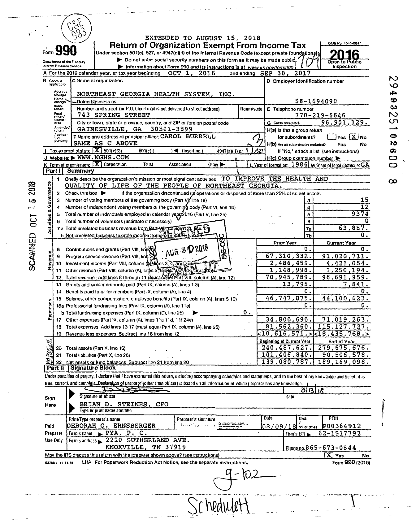 Image of first page of 2016 Form 990 for Northeast Georgia Health System (NGHS)