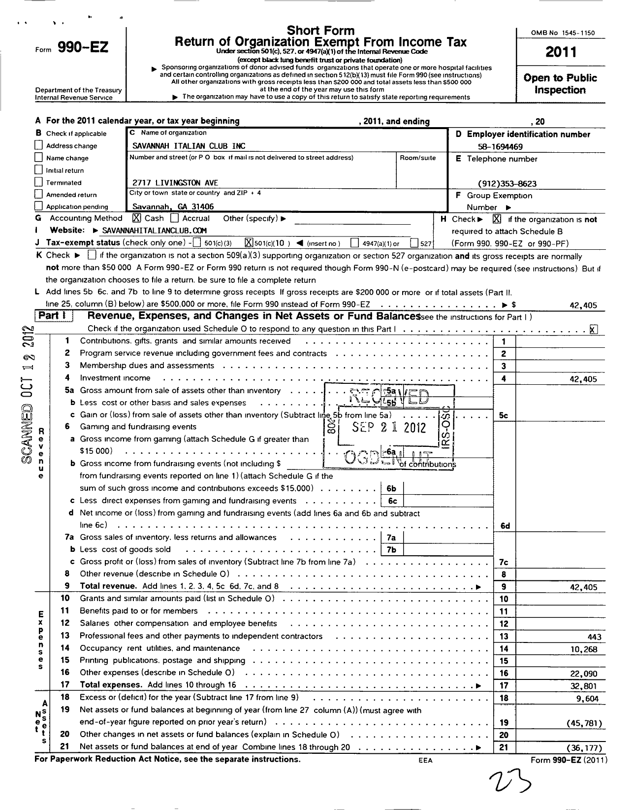 Image of first page of 2011 Form 990EO for Savannah Italian Club