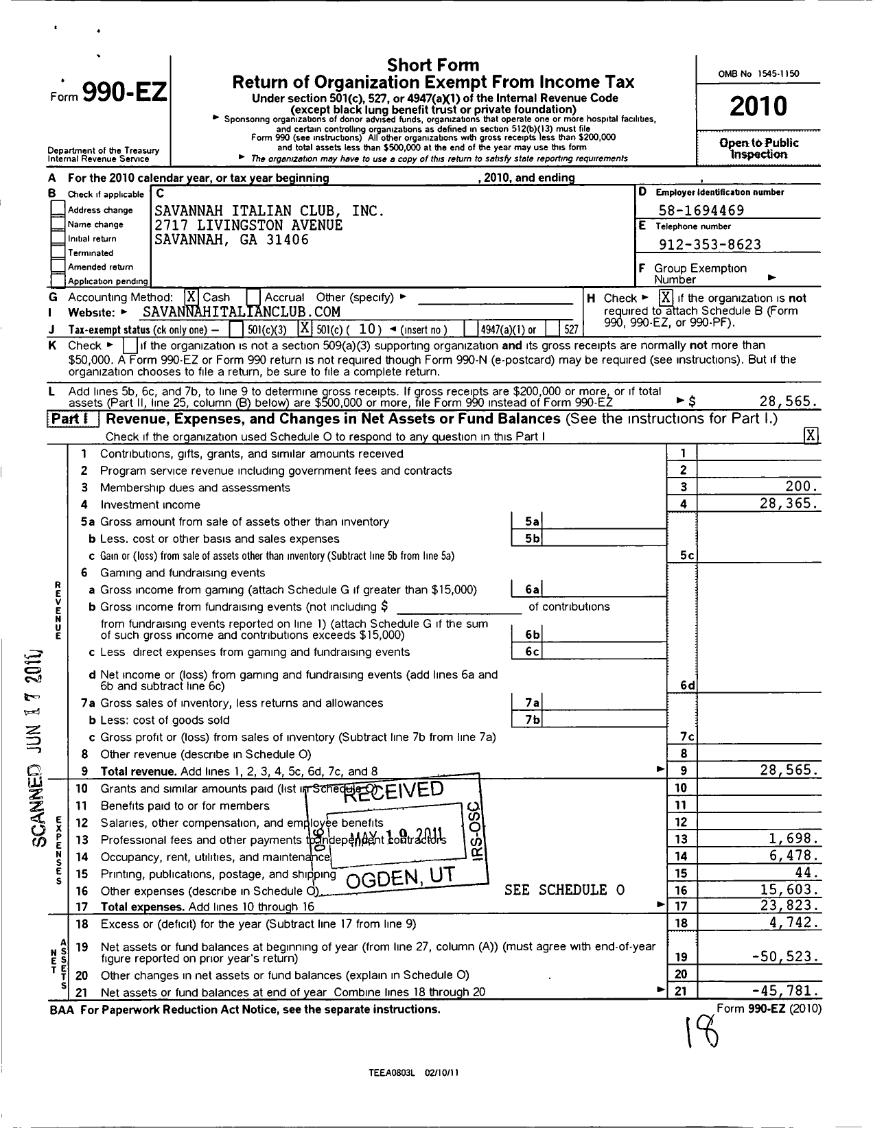 Image of first page of 2010 Form 990EO for Savannah Italian Club