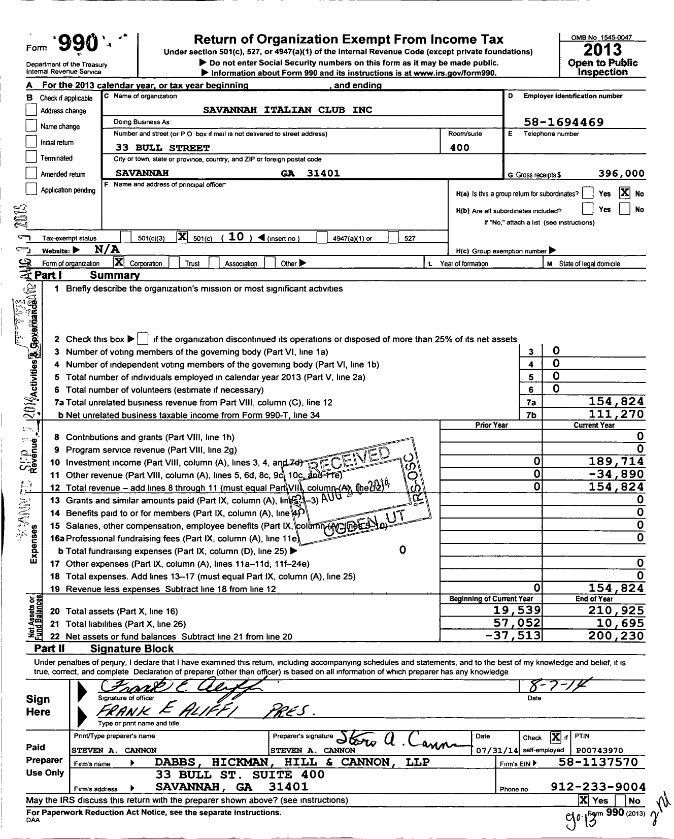 Image of first page of 2013 Form 990O for Savannah Italian Club