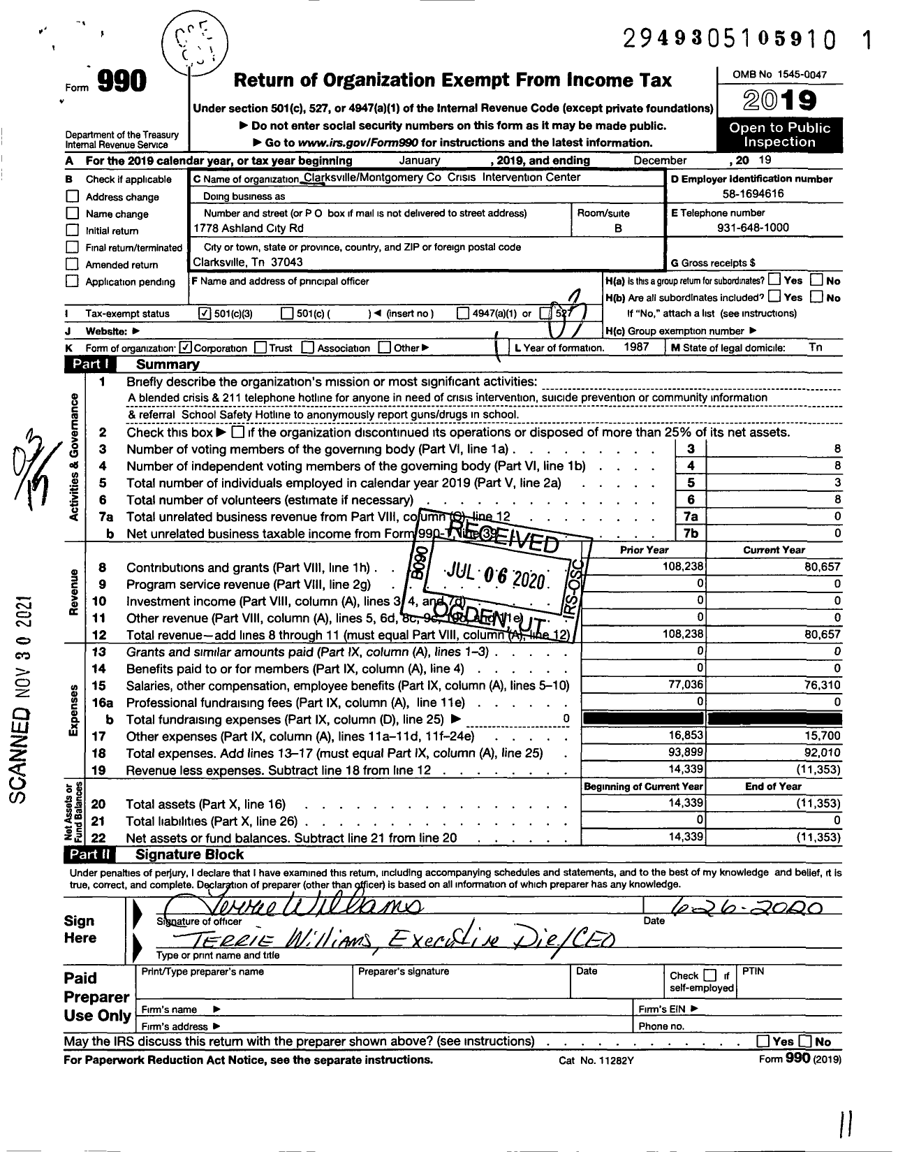 Image of first page of 2019 Form 990 for Clarksville MONTGOMERY CouNTY CRISIS INTERVENTION