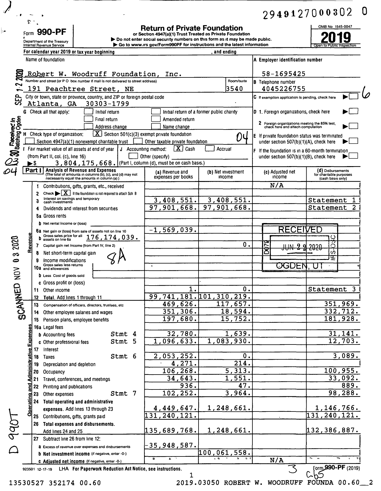 Image of first page of 2019 Form 990PF for Robert W. Woodruff Foundation