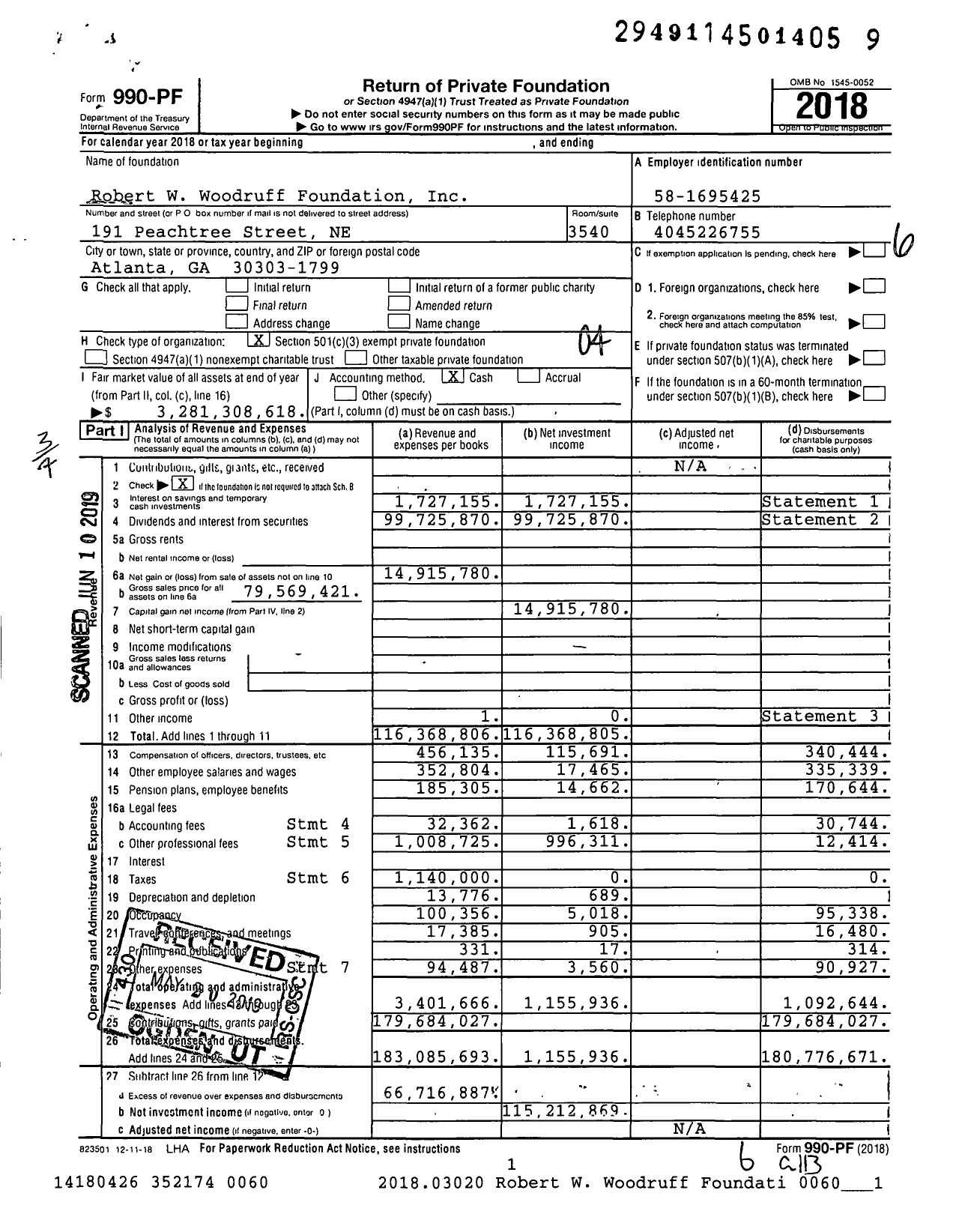 Image of first page of 2018 Form 990PF for Robert W. Woodruff Foundation