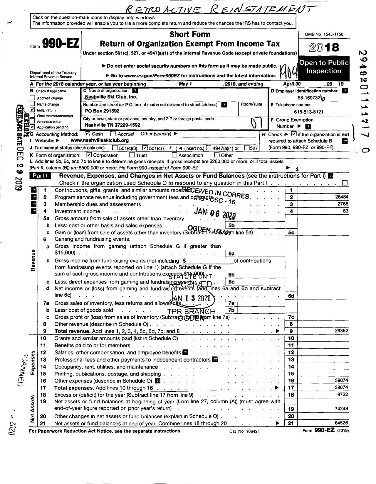 Image of first page of 2018 Form 990EO for Nashville Ski Club