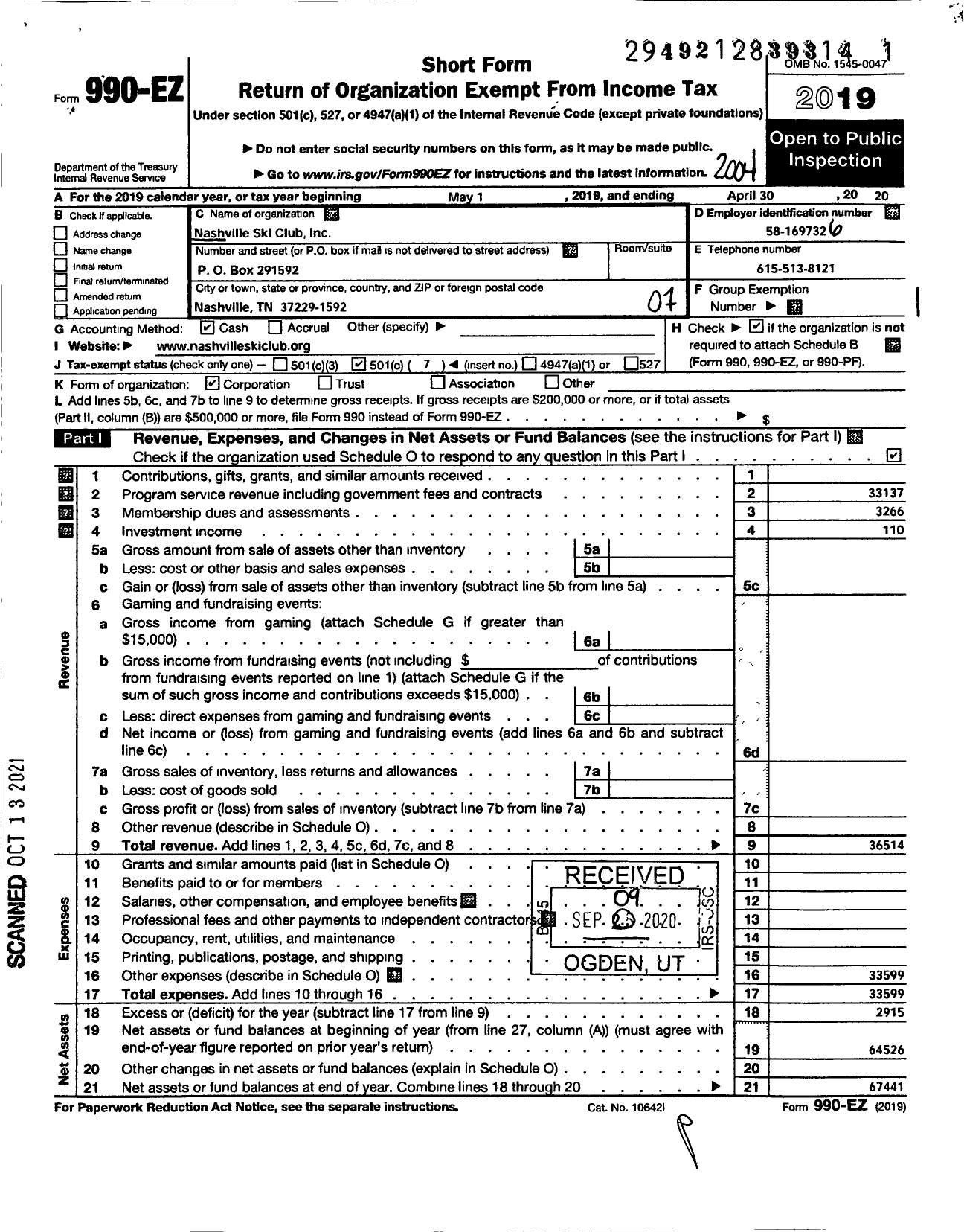 Image of first page of 2019 Form 990EO for Nashville Ski Club