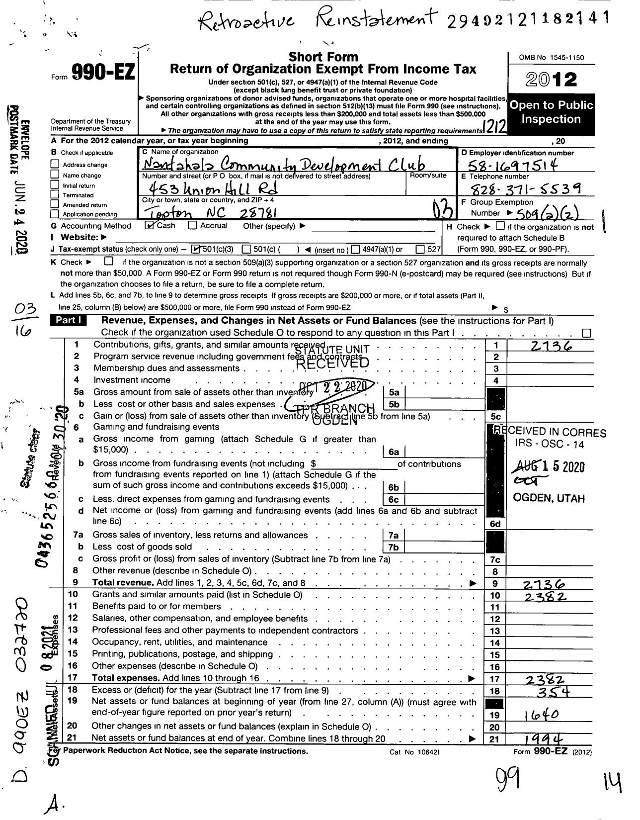 Image of first page of 2012 Form 990EZ for Nantahala Community Development Club