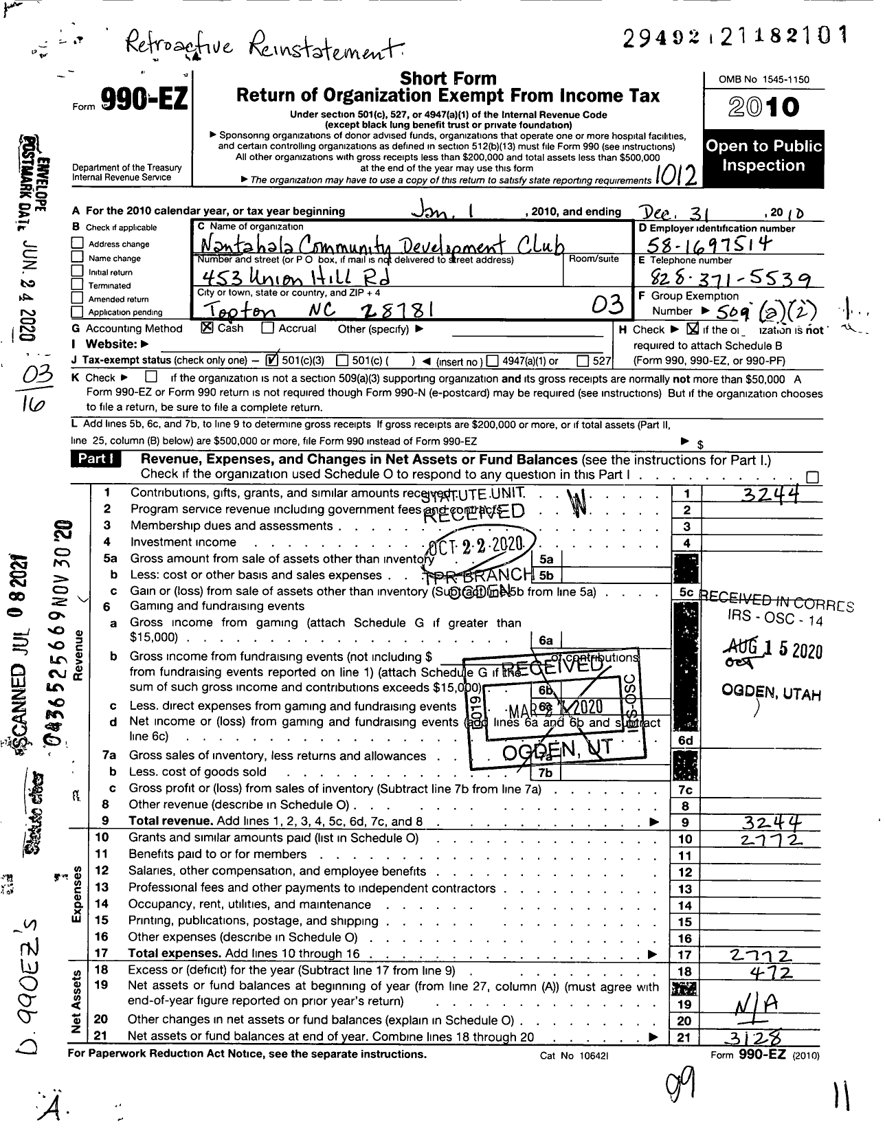 Image of first page of 2010 Form 990EZ for Nantahala Community Development Club