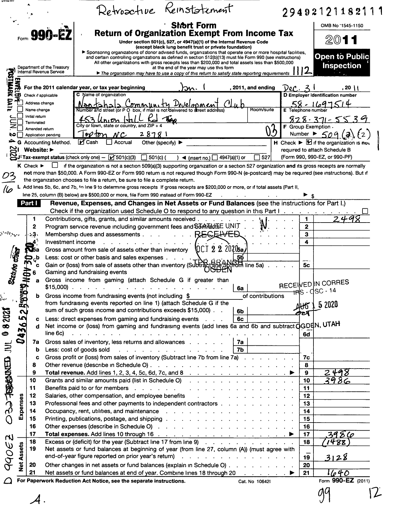 Image of first page of 2011 Form 990EZ for Nantahala Community Development Club