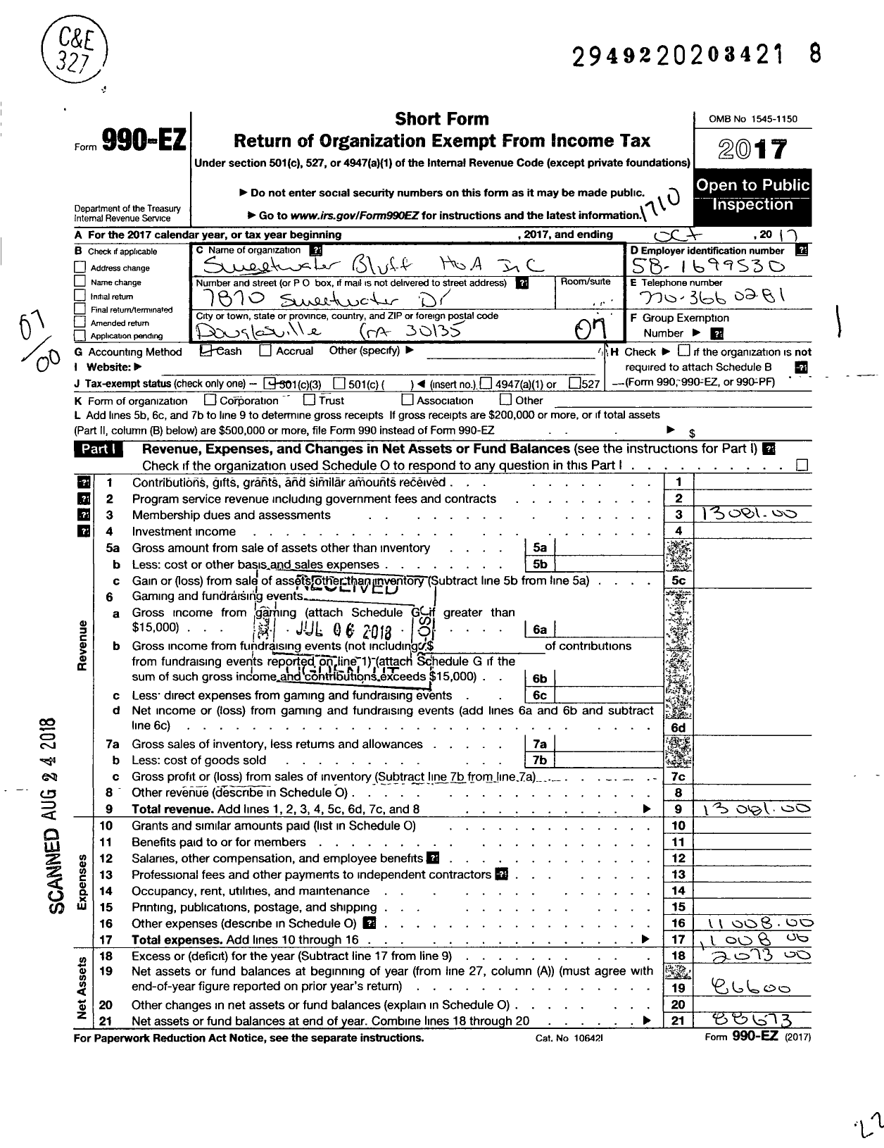 Image of first page of 2016 Form 990EO for Sweetwater Bluff Homeowners Association