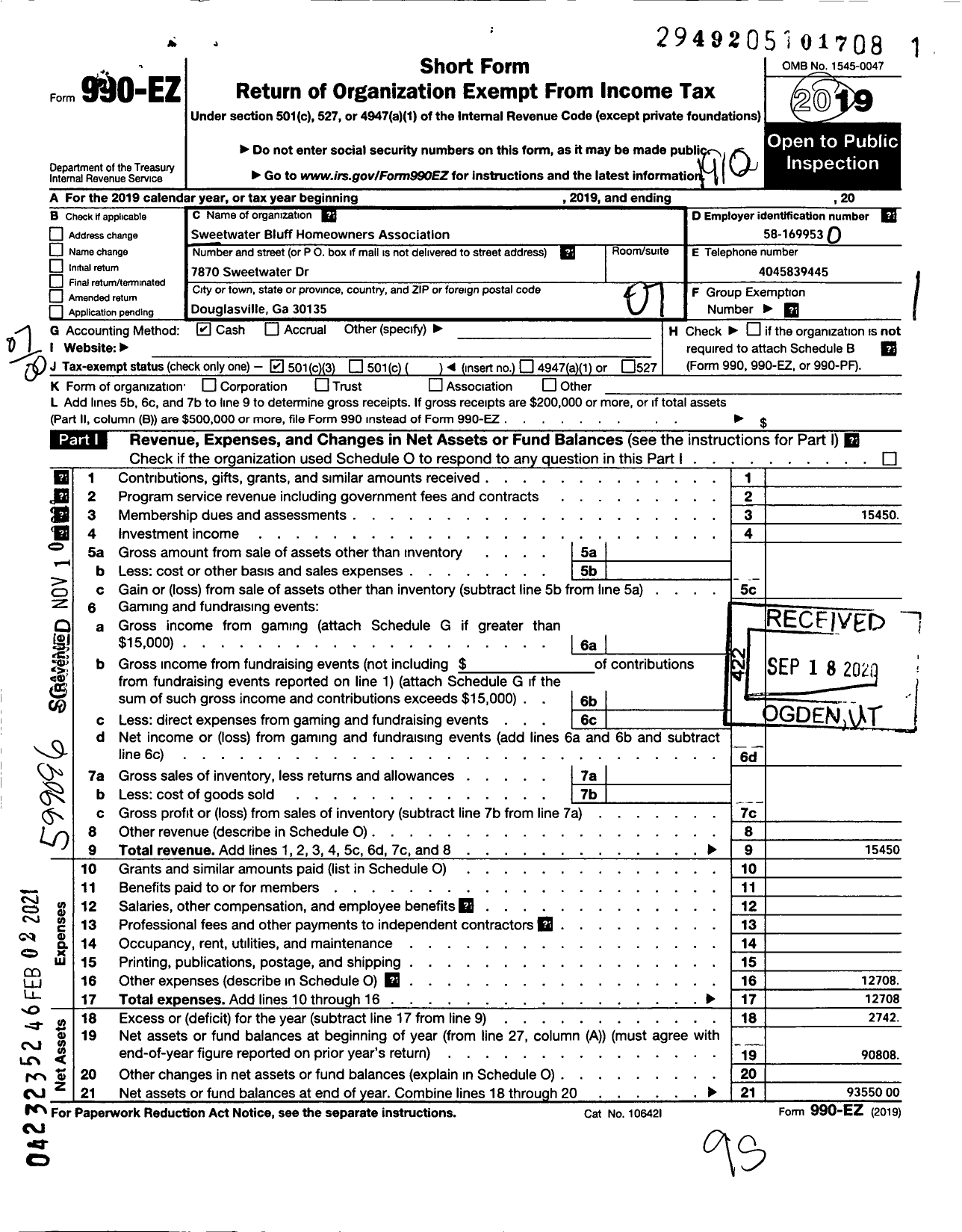 Image of first page of 2019 Form 990EO for Sweetwater Bluff Homeowners Association