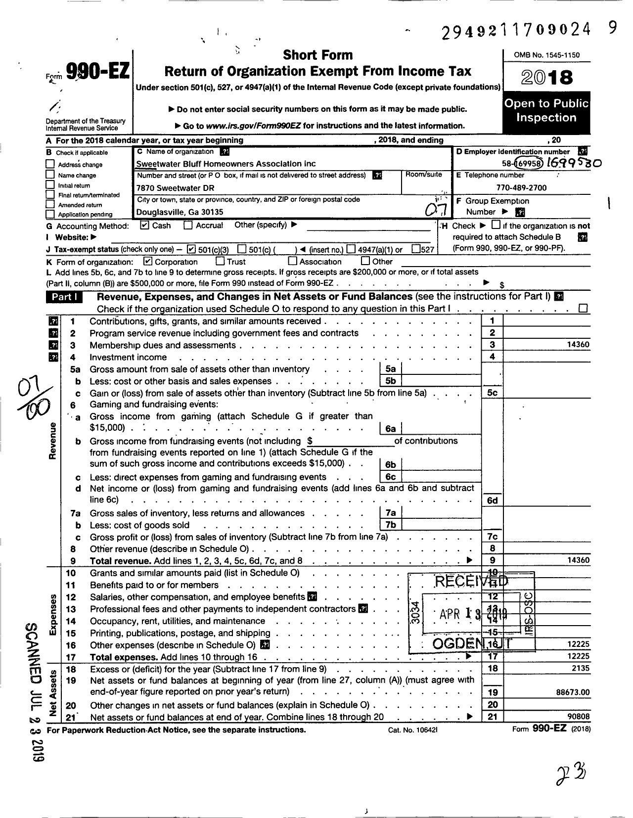 Image of first page of 2018 Form 990EO for Sweetwater Bluff Homeowners Association