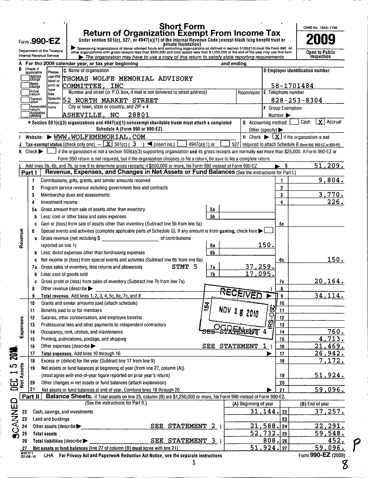 Image of first page of 2009 Form 990EZ for Thomas Wolfe Memorial Advisory Committee